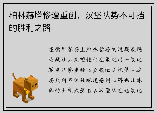 柏林赫塔惨遭重创，汉堡队势不可挡的胜利之路